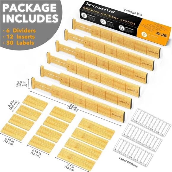 Bamboo Drawer Dividers Adjustable Expandable Kitchen Organizer with Inserts Labe - Picture 5 of 7